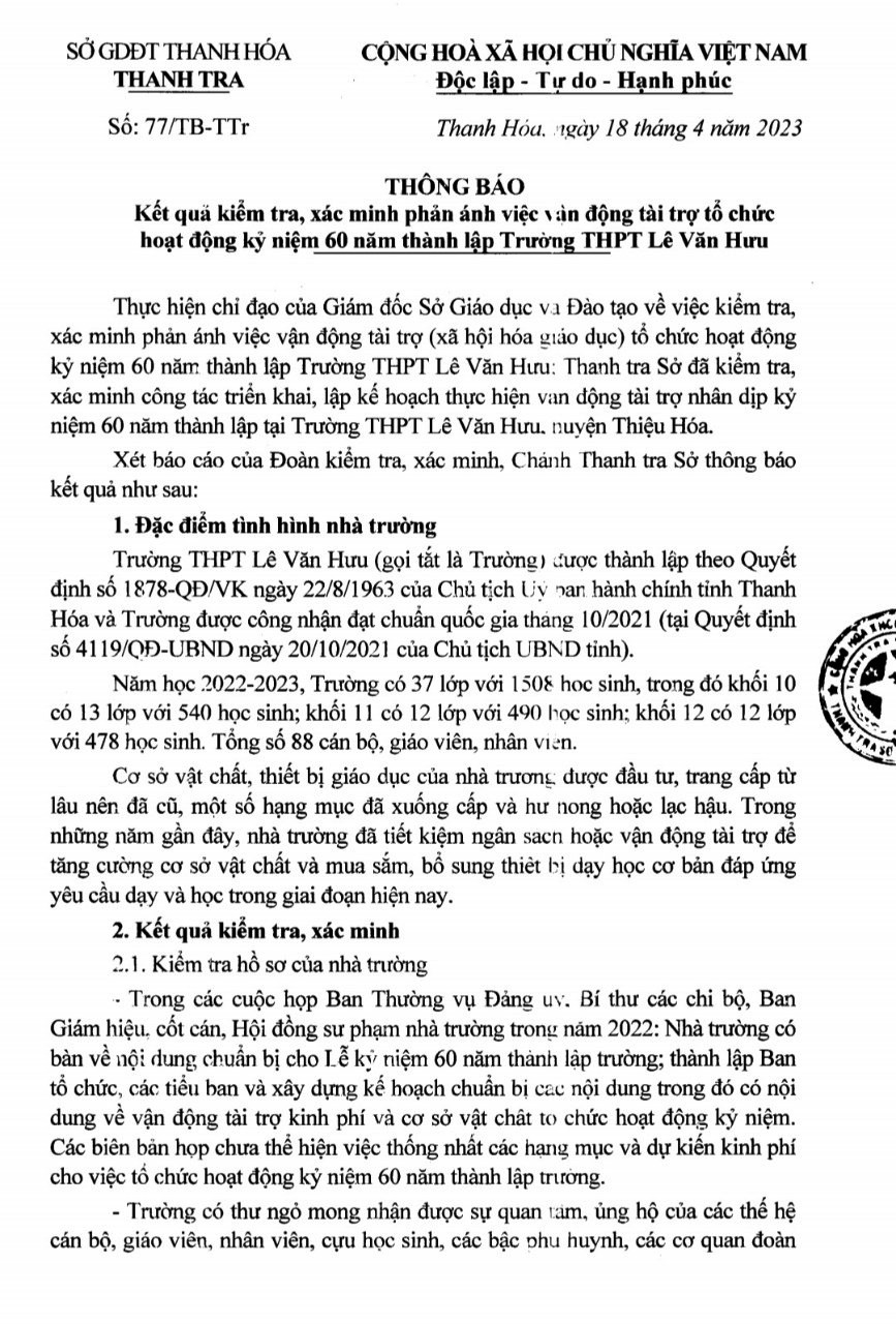 Thông báo kết quả kiểm tra, xác minh của Thanh tra Sở GD&amp;ĐT Thanh Hóa. Ảnh: TL.