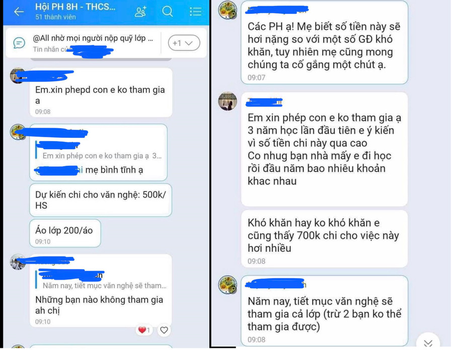 Số tiền chuẩn bị chương trình văn nghệ đưa ra khiến một số phụ huynh không đồng tình và cho rằng hơi nhiều trong khi đầu năm học có nhiều khoản đóng góp. Số tiền chuẩn bị chương trình văn nghệ đưa ra khiến một số phụ huynh không đồng tình và cho rằng hơi nhiều trong khi đầu năm học có nhiều khoản đóng góp.