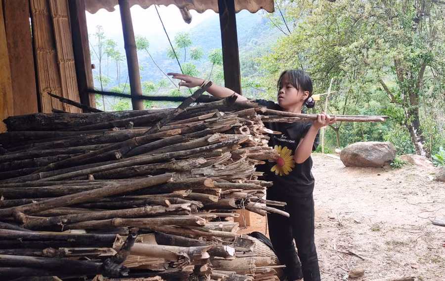 Đống củi được chất dự trữ bên hông nhà sau nhiều ngày miệt mài đi hái ở trên rừng về.