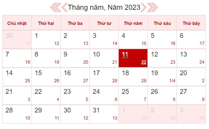 Xem lịch âm ngày 11/5/2023