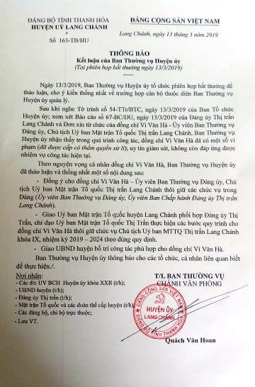 Thông báo kết luận của Ban Thường vụ Huyện ủy Lang Chánh Thông báo kết luận của Ban Thường vụ Huyện ủy Lang Chánh
