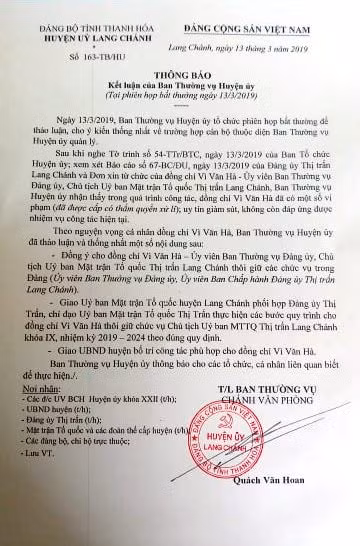 Thông báo kết luận của Ban Thường vụ Huyện ủy Lang Chánh