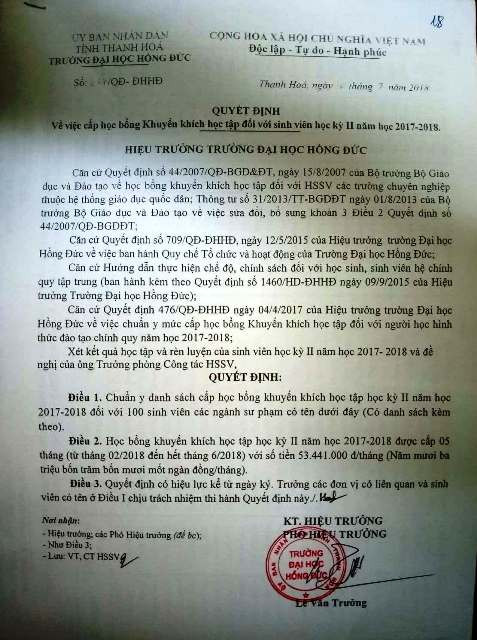 Sau khi UBND tỉnh xem xét cấp học bổng cho SV ngành sư phạm, trường ĐH Hồng Đức đã có kinh phí cấp học bổng cho SV từ học kỳ II năm học 2017-2018. Sau khi UBND tỉnh xem xét cấp học bổng cho SV ngành sư phạm, trường ĐH Hồng Đức đã có kinh phí cấp học bổng cho SV từ học kỳ II năm học 2017-2018.