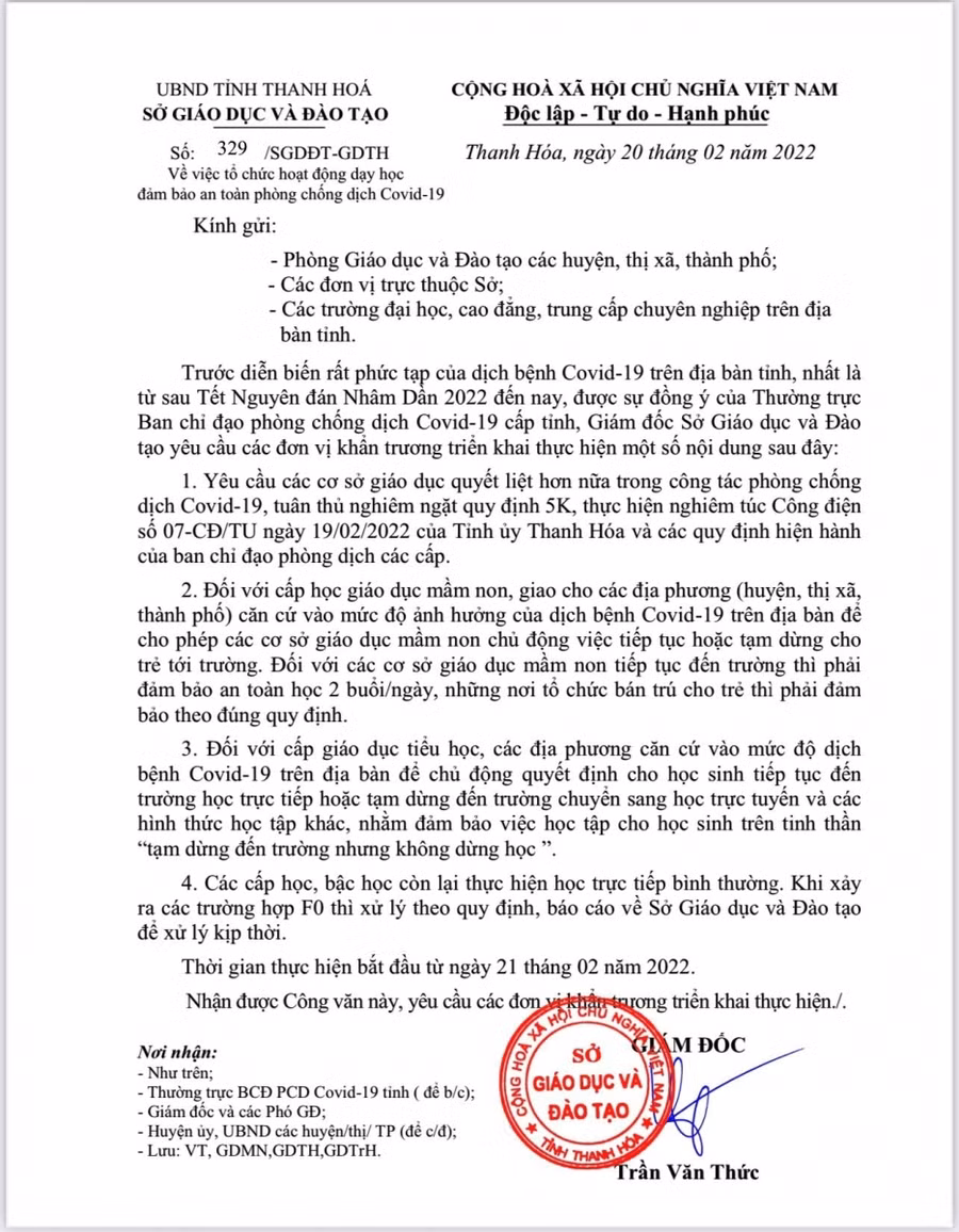 Công văn của Sở GD&amp;ĐT tỉnh Thanh Hóa.