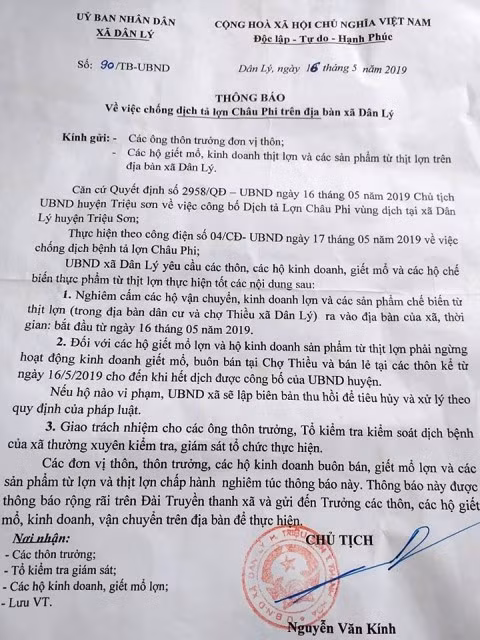Công văn của Chủ tịch UBND xã Dân Lý.