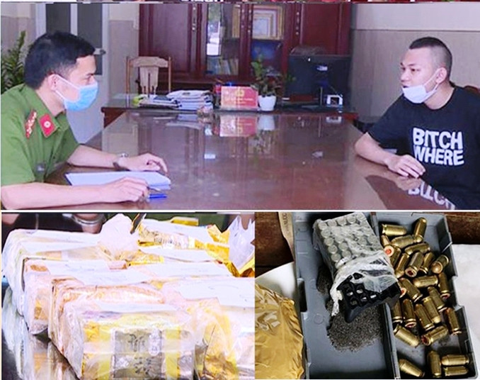 Một trong ba đối tượng và tang vật vụ án. Ảnh: Công an cung cấp.