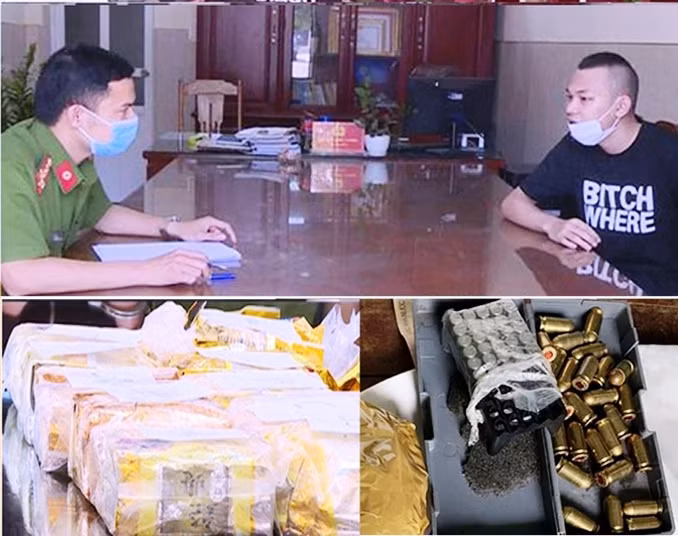 Một trong ba đối tượng và tang vật vụ án. Ảnh: Công an cung cấp.