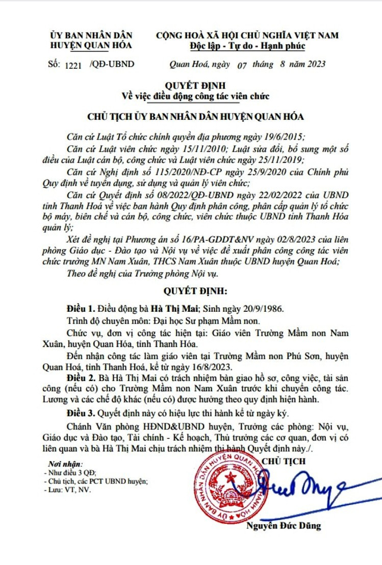 Quyết định điều động viên chức của Chủ tịch UBND huyện Quan Hóa. (Ảnh: Hồng Đức) Quyết định điều động viên chức của Chủ tịch UBND huyện Quan Hóa. (Ảnh: Hồng Đức)