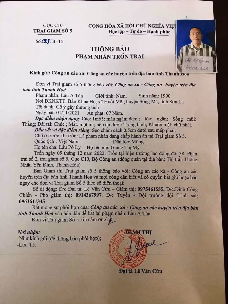 Thông báo phạm nhân Lầu A Tủa trốn trại. Thông báo phạm nhân Lầu A Tủa trốn trại.