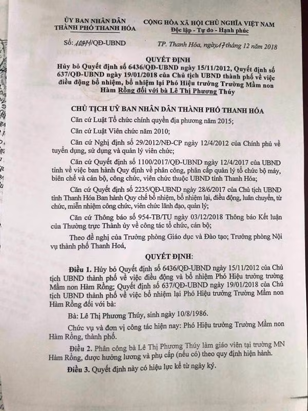Một trong 3 quyết định hủy bỏ chức vụ Phó hiệu trưởng trường mầm non, do UBND TP Thanh Hóa ban hành.