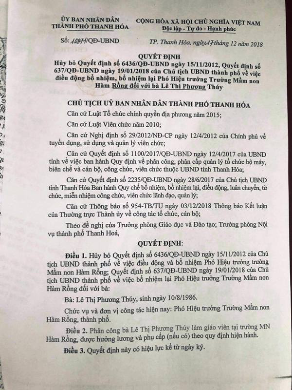Một trong 3 quyết định hủy bỏ chức vụ Phó hiệu trưởng trường mầm non, do UBND TP Thanh Hóa ban hành. Một trong 3 quyết định hủy bỏ chức vụ Phó hiệu trưởng trường mầm non, do UBND TP Thanh Hóa ban hành.