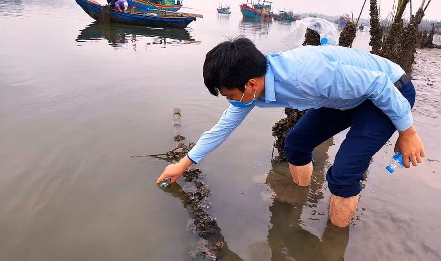 Cán bộ ngành Nông nghiệp Thanh Hóa lấy mẫu nước ở vùng ngao chết để gửi đi kiểm tra, tìm nguyên nhân.