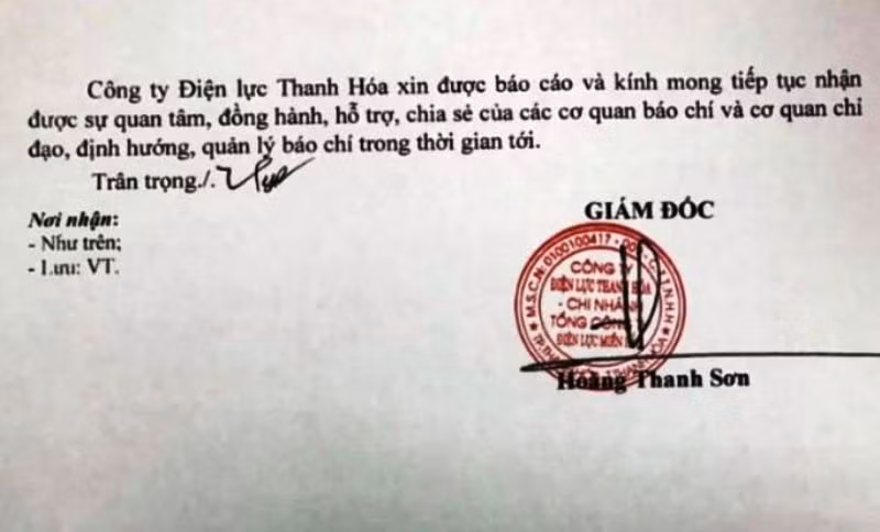 Công văn của Công ty Điện lực Thanh Hóa.