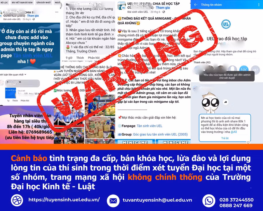 Thông tin cảnh báo từ Trường ĐH Kinh tế - Luật, ĐHQG TPHCM. Ảnh: Tuyển sinh UEL