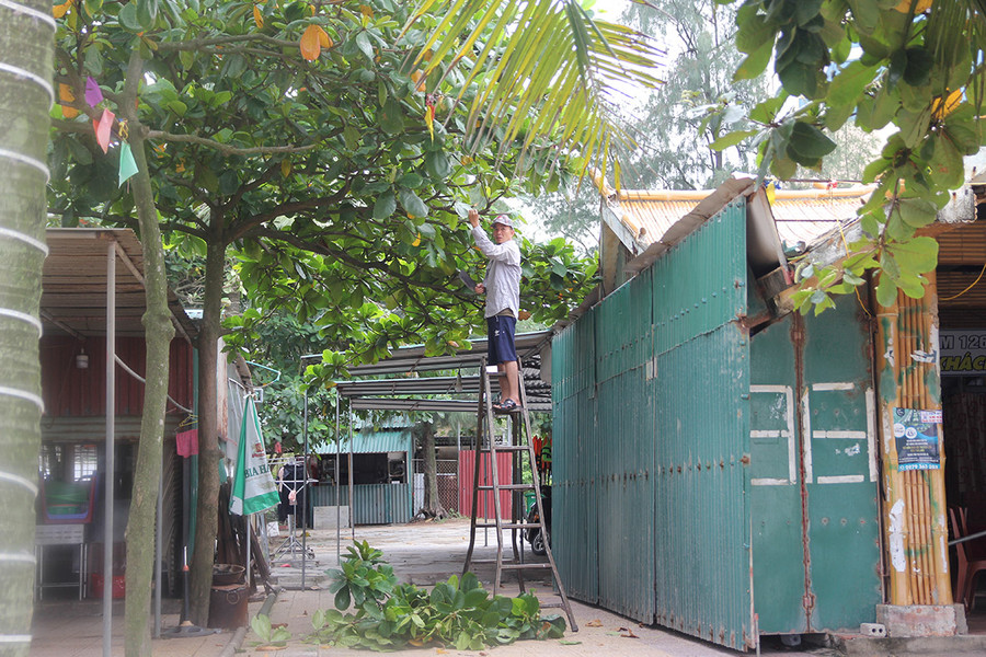 Người dân chặt bớt các cành cây xung quanh kiot bán hàng ven biển Cửa Lò