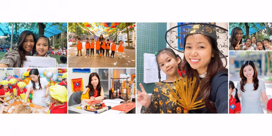 Cô Đỗ Huyền Trang và học sinh trong một số hoạt động tại trường tiểu học Phan Đình Giót. Ảnh tư liệu