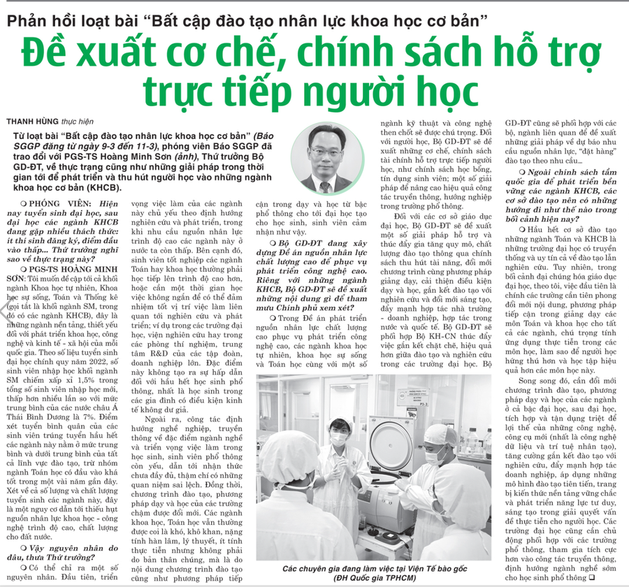 Bài phỏng vấn Thứ trưởng Bộ GD&ĐT Hoàng Minh Sơn sau tuyến bài "Bất cập đào tạo nhân lực cơ bản" trên báo Sài Gòn Giải Phóng ngày 15/3/2023. Ảnh: SGGP Bài phỏng vấn Thứ trưởng Bộ GD&ĐT Hoàng Minh Sơn sau tuyến bài "Bất cập đào tạo nhân lực cơ bản" trên báo Sài Gòn Giải Phóng ngày 15/3/2023. Ảnh: SGGP