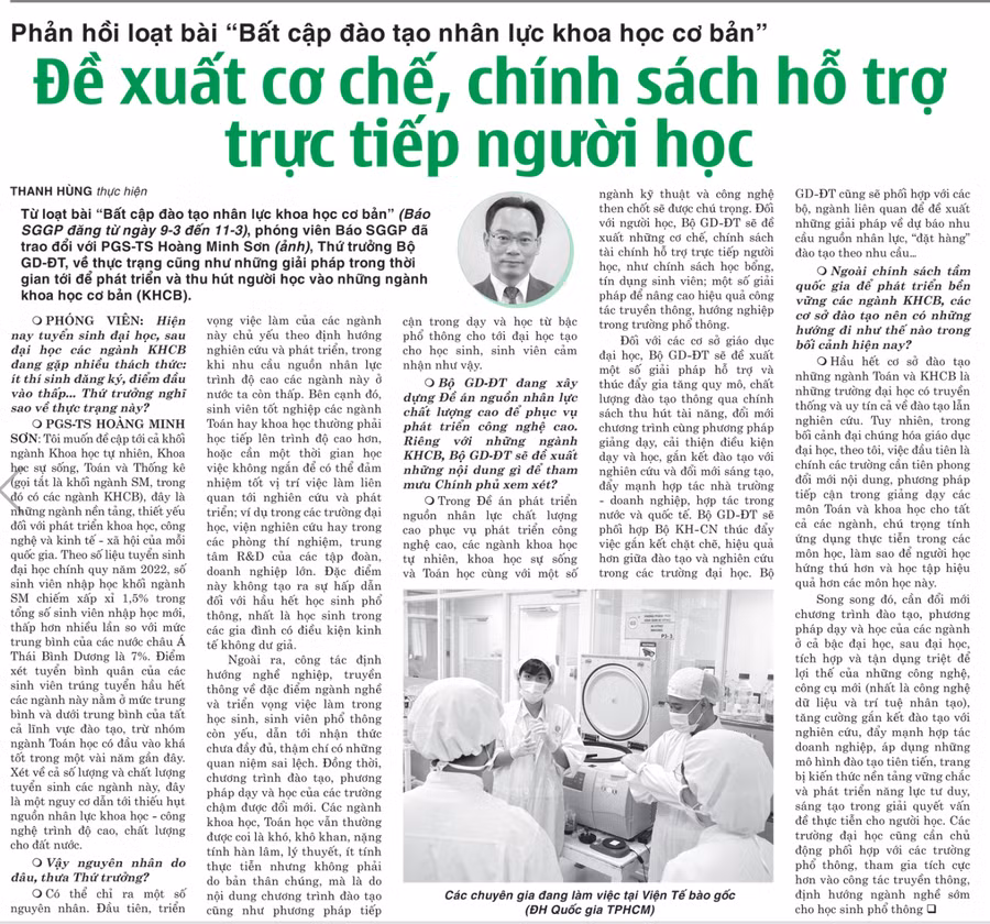 Bài phỏng vấn Thứ trưởng Bộ GD&amp;ĐT Hoàng Minh Sơn sau tuyến bài "Bất cập đào tạo nhân lực cơ bản" trên báo Sài Gòn Giải Phóng ngày 15/3/2023. Ảnh: SGGP
