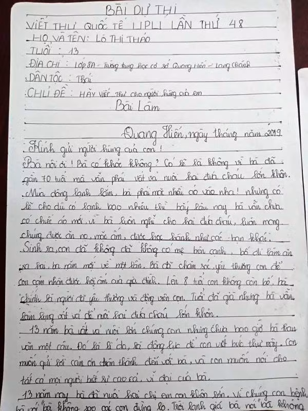 Bức thư của cô bé Lò Thị Thảo viết gửi bà nội mình Bức thư của cô bé Lò Thị Thảo viết gửi bà nội mình