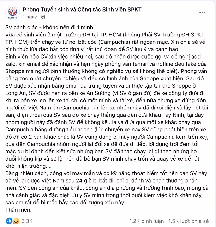 Thông tin cảnh báo được đăng tải trên Fanpage Phòng Tuyển sinh và Công tác sinh viên Trường Đại học Sư phạm kỹ thuật TPHCM. Ảnh: FB