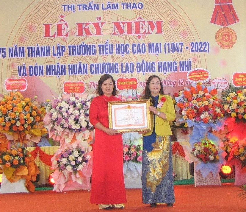 Lãnh đạo Sở GD&ĐT Phú Thọ trao Bằng khen của Thủ tướng Chính phủ cho cô Hoàng Thị Chí, Hiệu trưởng Trường Tiểu học Cao Mại. Lãnh đạo Sở GD&ĐT Phú Thọ trao Bằng khen của Thủ tướng Chính phủ cho cô Hoàng Thị Chí, Hiệu trưởng Trường Tiểu học Cao Mại.