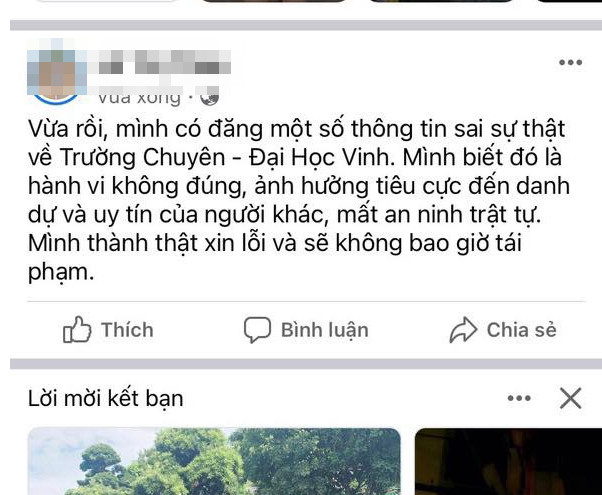 Sau khi được công an triệu tập, tuyên truyền, nữ sinh đã đăng tin đính chính trên mạng xã hội. Ảnh: FBNV. Sau khi được công an triệu tập, tuyên truyền, nữ sinh đã đăng tin đính chính trên mạng xã hội. Ảnh: FBNV.