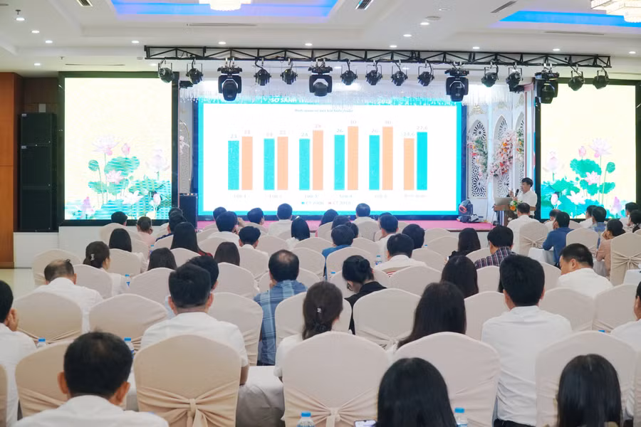 Ông Nguyễn Hồng Hoa - Trưởng phòng Giáo dục Tiểu học, Sở GD&amp;ĐT Nghệ An phân tích biểu đồ số tiết/tuần giữa chương trình hiện hành và GDPT 2018 tại các huyện, thị trong tỉnh. Ảnh: Hồ Lài.