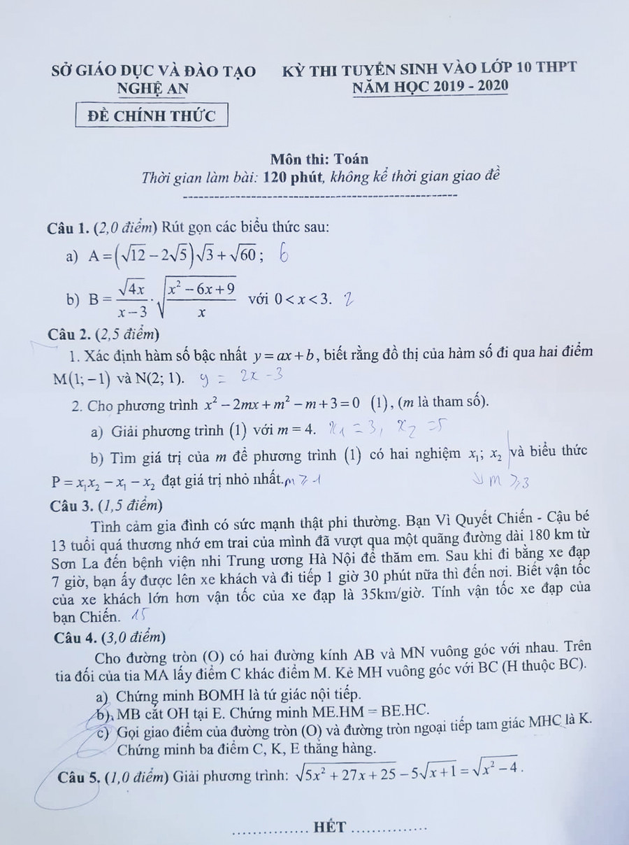 Đề thi chính thức mônToán vào lớp 10 tại Nghệ An Đề thi chính thức mônToán vào lớp 10 tại Nghệ An