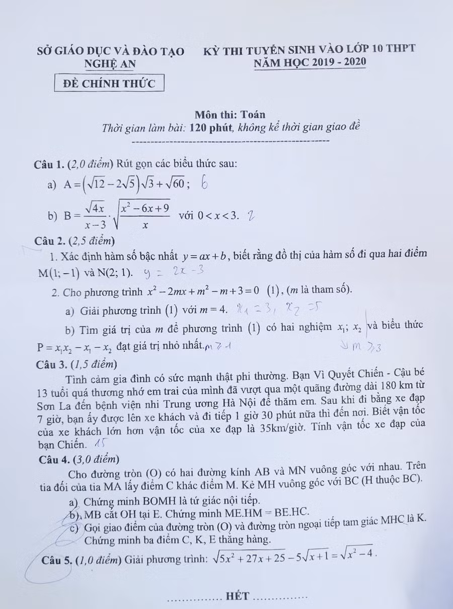 Đề thi chính thức mônToán vào lớp 10 tại Nghệ An Đề thi chính thức mônToán vào lớp 10 tại Nghệ An