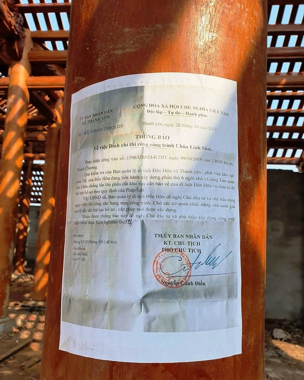 Thông báo đình chỉ thi công chùa Linh Sâm của UBND xã Thanh Yên nhưng sau 10 ngày, chủ đầu tư tiếp tục thi công Thông báo đình chỉ thi công chùa Linh Sâm của UBND xã Thanh Yên nhưng sau 10 ngày, chủ đầu tư tiếp tục thi công