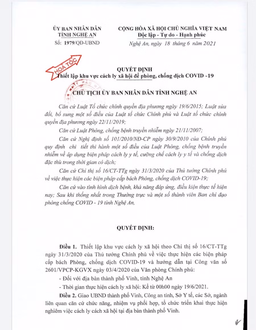 Quyết định giãn cách xã hội TP Vinh, Nghệ An theo chỉ thị 16