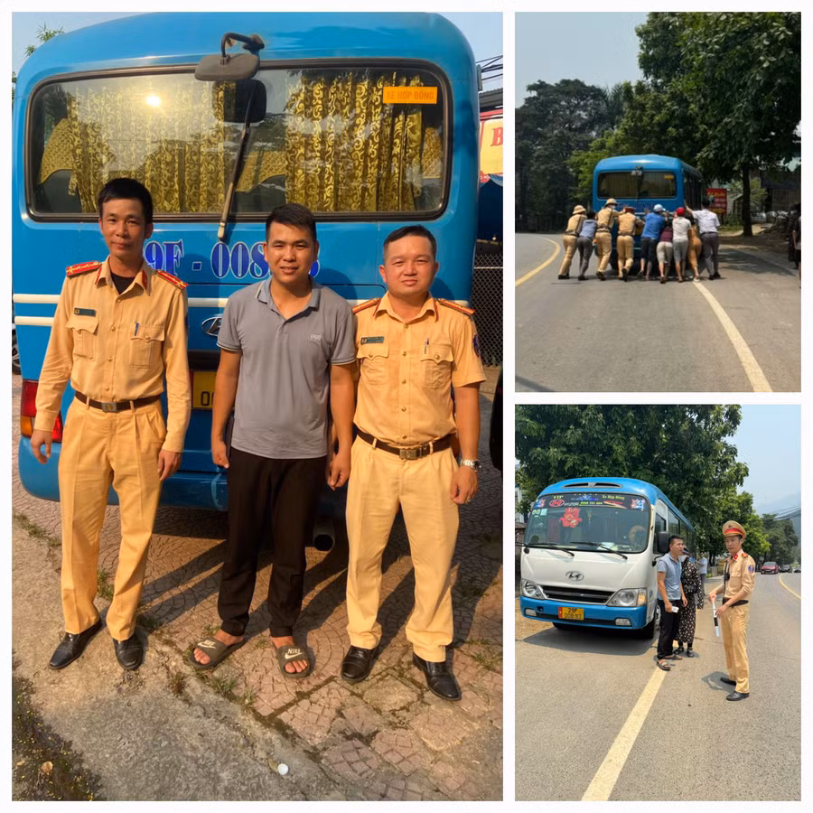 Lực lượng CSGT và người dân kịp thời hỗ trợ xe khách gặp sự cố về phanh.