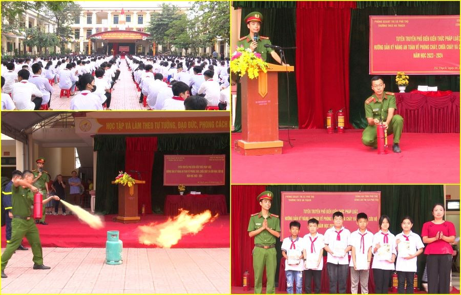 Nhằm trang bị cho cán bộ, giáo viên và học sinh những kỹ năng cơ bản về công tác phòng cháy, chữa cháy và cứu nạn, cứu hộ, trong năm học 2023 - 2024, Trường THCS Hà Thạch đã phối hợp với Đội Cảnh sát PCCC, Công an thị xã Phú Thọ tổ chức hoạt động ngoại khóa, phổ biến kiến thức pháp luật, hướng dẫn kỹ năng an toàn về PCCC và cứu nạn, cứu hộ cho trên 600 em học cùng CBGV nhân viên nhà trường. Nhằm trang bị cho cán bộ, giáo viên và học sinh những kỹ năng cơ bản về công tác phòng cháy, chữa cháy và cứu nạn, cứu hộ, trong năm học 2023 - 2024, Trường THCS Hà Thạch đã phối hợp với Đội Cảnh sát PCCC, Công an thị xã Phú Thọ tổ chức hoạt động ngoại khóa, phổ biến kiến thức pháp luật, hướng dẫn kỹ năng an toàn về PCCC và cứu nạn, cứu hộ cho trên 600 em học cùng CBGV nhân viên nhà trường.