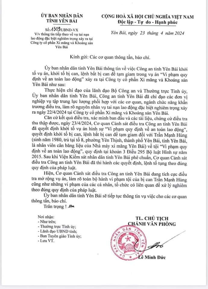 UBND tỉnh Yên Bái thông tin về diễn biến điều tra vụ tai nạn lao động thương tâm làm 10 người thương vong.