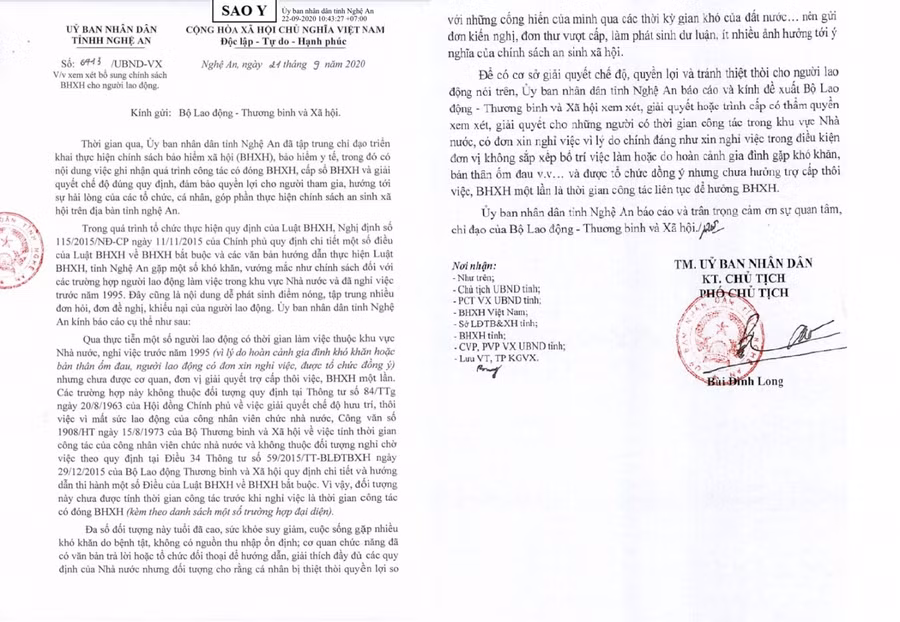 Văn bản đề nghị của UBND tỉnh Nghệ An xem xét giải quyết chế độ cho cán bộ công nhân, viên chức nghỉ việc trước năm 1995