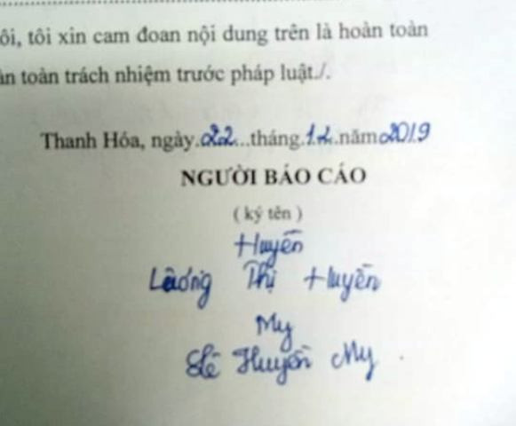 Bản báo cáo việc nhặt được tiền của hai em Lương Thị Huyền và Lê Huyền My, Trường THPT Dân tộc Nội trú tỉnh Thanh Hóa.