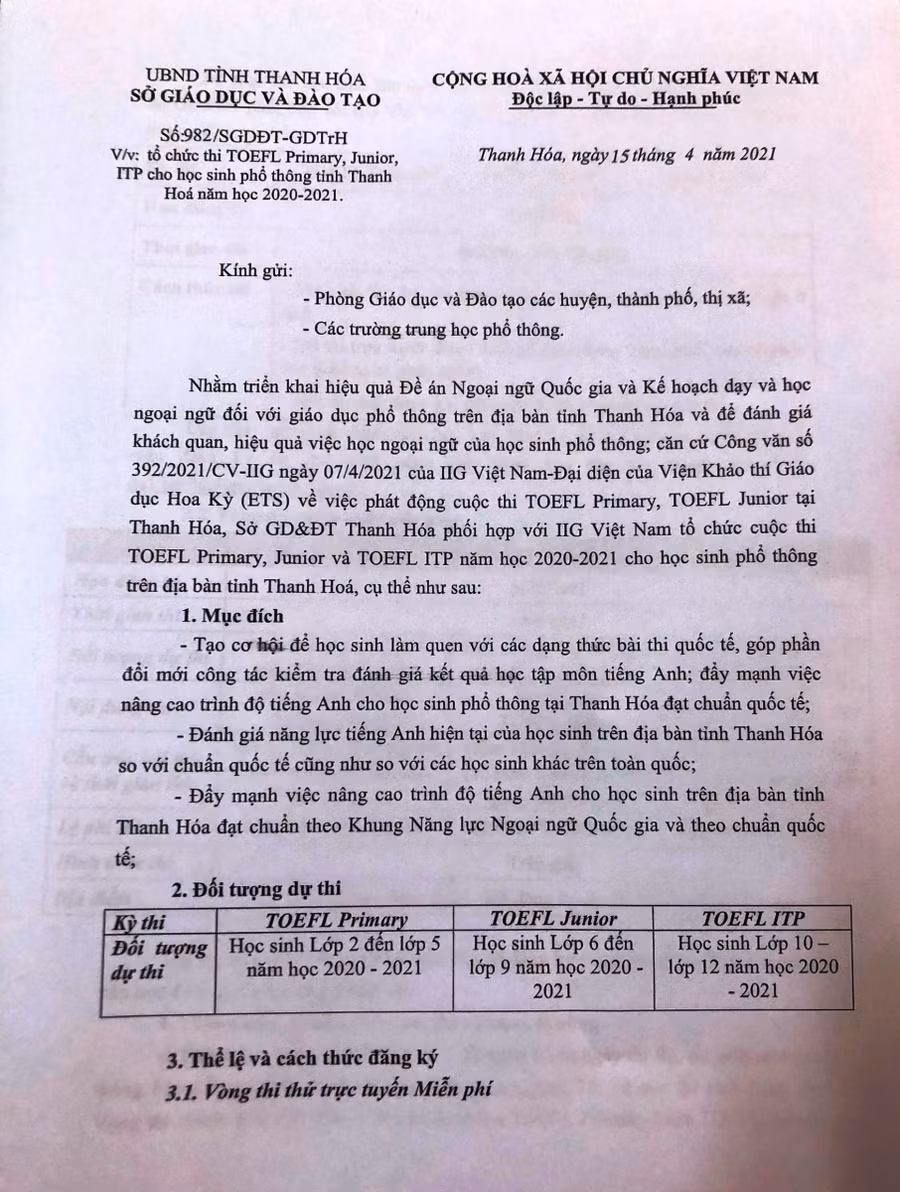 Công văn của Sở GD&amp;ĐT Thanh Hóa.