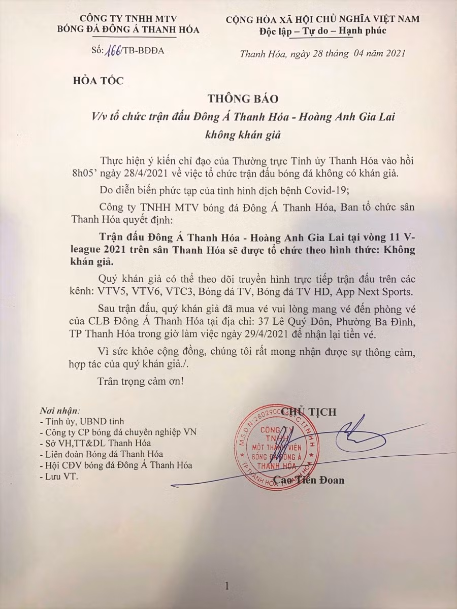 Thông báo của Công ty TNHH MTV Bóng đá Thanh Hóa.