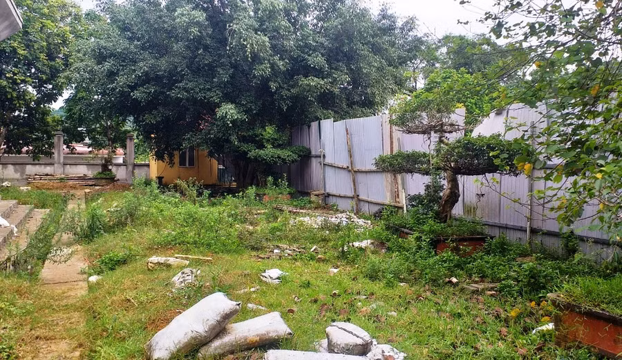 Nhiều bao xi măng đóng cứng ở khuôn viên công trình.