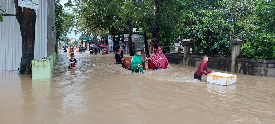 Ngập sâu do mưa lũ, lực lượng chức năng huyện Quỳnh Lưu (Nghệ An) sơ tán người dân và gia súc đến nơi an toàn. Ảnh: Mặt trận Quỳnh Lưu.