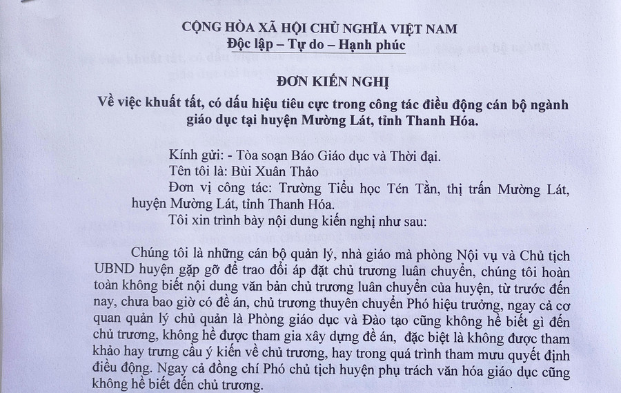 Đơn kiến nghị của ông Bùi Xuân Thảo gửi Báo Giáo dục và Thời đại. Đơn kiến nghị của ông Bùi Xuân Thảo gửi Báo Giáo dục và Thời đại.