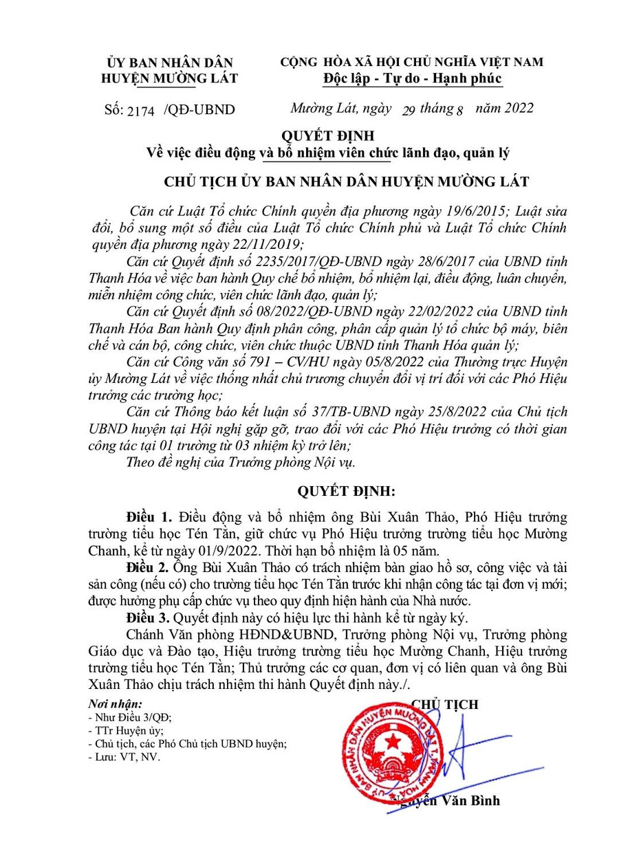 Quyết định điều động ông Bùi Xuân Thảo, do Chủ tịch UBND huyện Mường Lát ký. Quyết định điều động ông Bùi Xuân Thảo, do Chủ tịch UBND huyện Mường Lát ký.