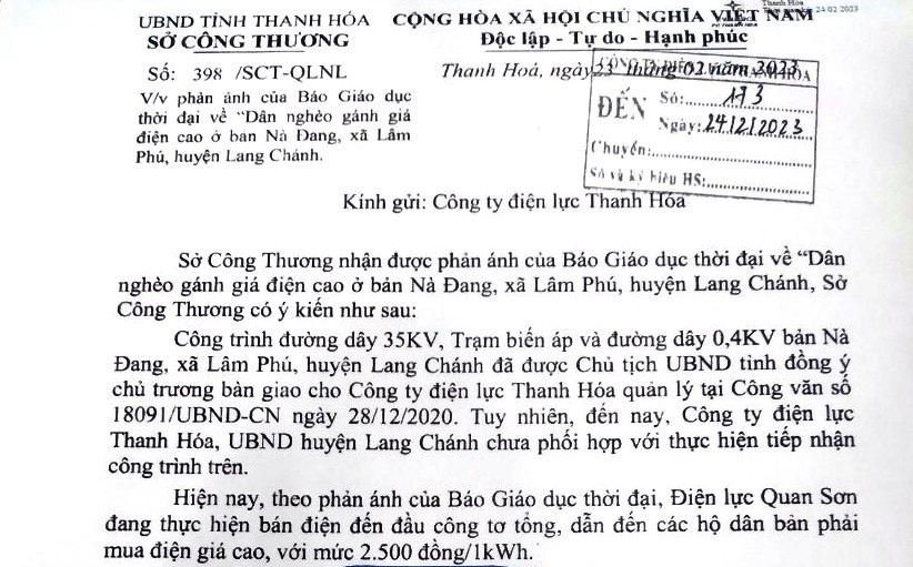 Công văn của Sở Công Thương Thanh Hóa gửi Công ty Điện lực Thanh Hóa. Ảnh: Hồng Đức. Công văn của Sở Công Thương Thanh Hóa gửi Công ty Điện lực Thanh Hóa. Ảnh: Hồng Đức.
