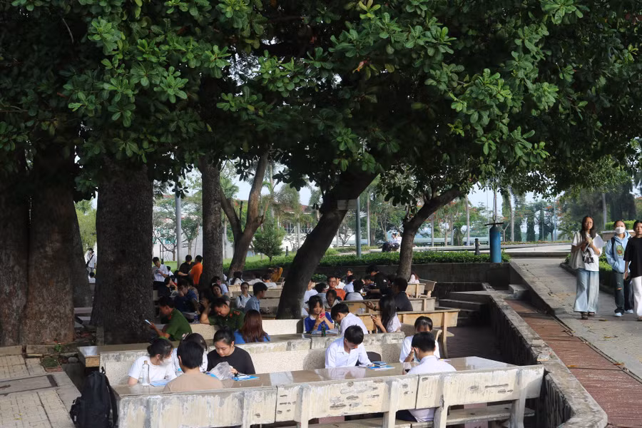 Thí sinh tranh thủ ôn bài tại sân Trường Đại học Khoa học Tự nhiên (Đại học Quốc gia TPHCM) tại TP Thủ Đức. Ảnh: ĐHQG-HCM