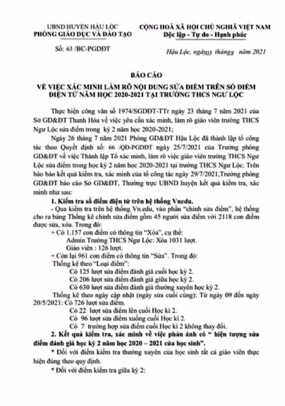 Báo cáo của Phòng GD&amp;ĐT huyện Hậu Lộc (Thanh Hóa).