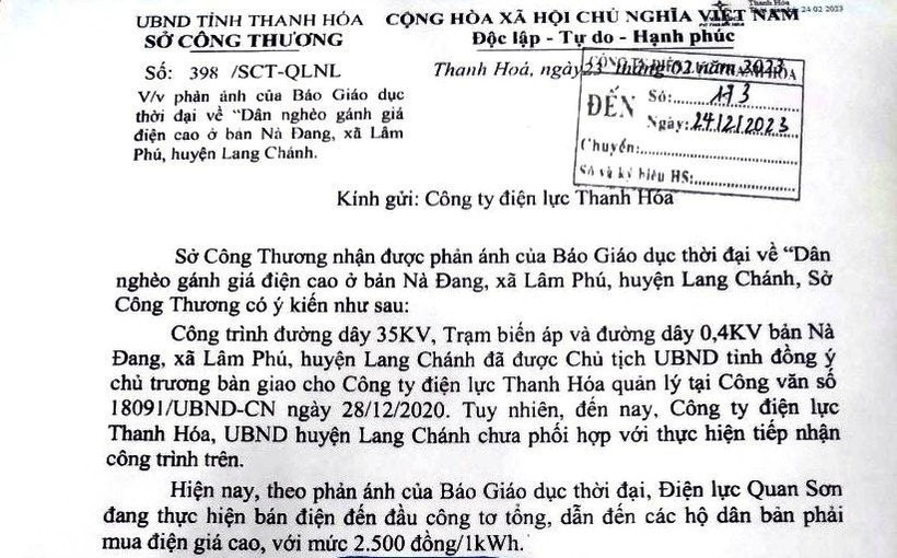Công văn chỉ đạo xử lý vụ việc của Sở Công thương Thanh Hóa. Ảnh: TL.