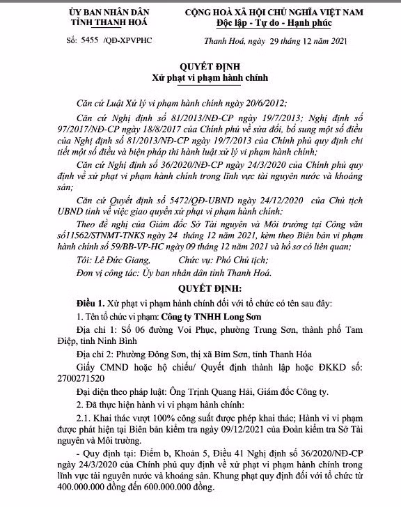 Quyết định xử phạt đối với Công ty TNHH Long Sơn.