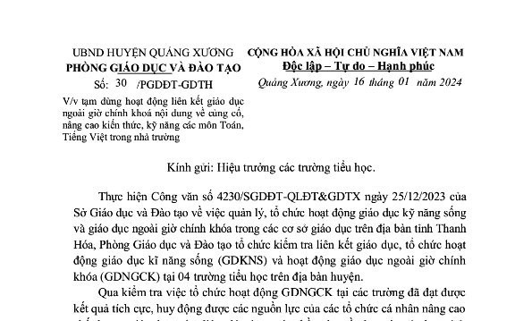 Công văn của Phòng GD&ĐT huyện Quảng Xương (Thanh Hóa). Ảnh: TL Công văn của Phòng GD&ĐT huyện Quảng Xương (Thanh Hóa). Ảnh: TL