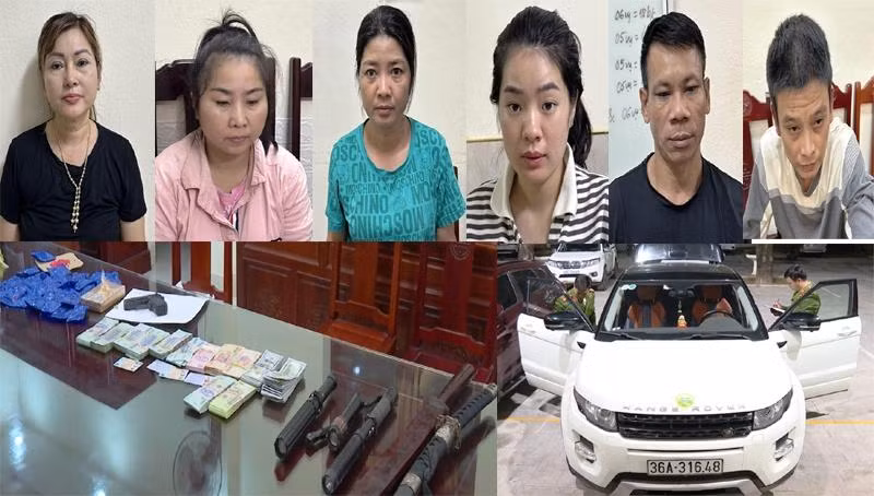 Nhóm nghi phạm và tang vật vụ án. Ảnh: Công an Thanh Hóa cung cấp.