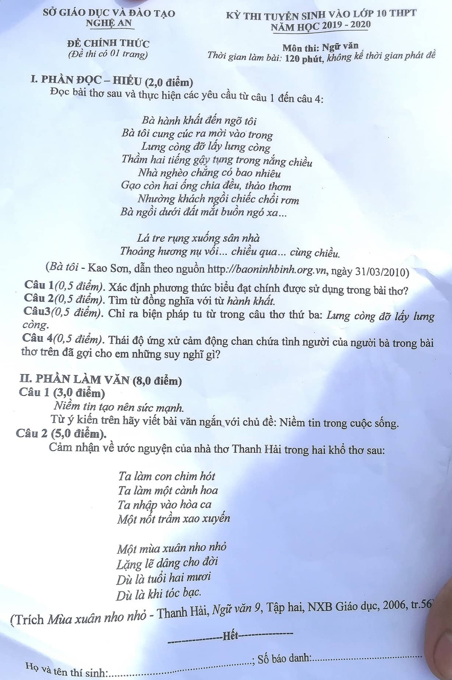 Đề thi chính thức môn Ngữ văn vào lớp 10 Nghệ An Đề thi chính thức môn Ngữ văn vào lớp 10 Nghệ An